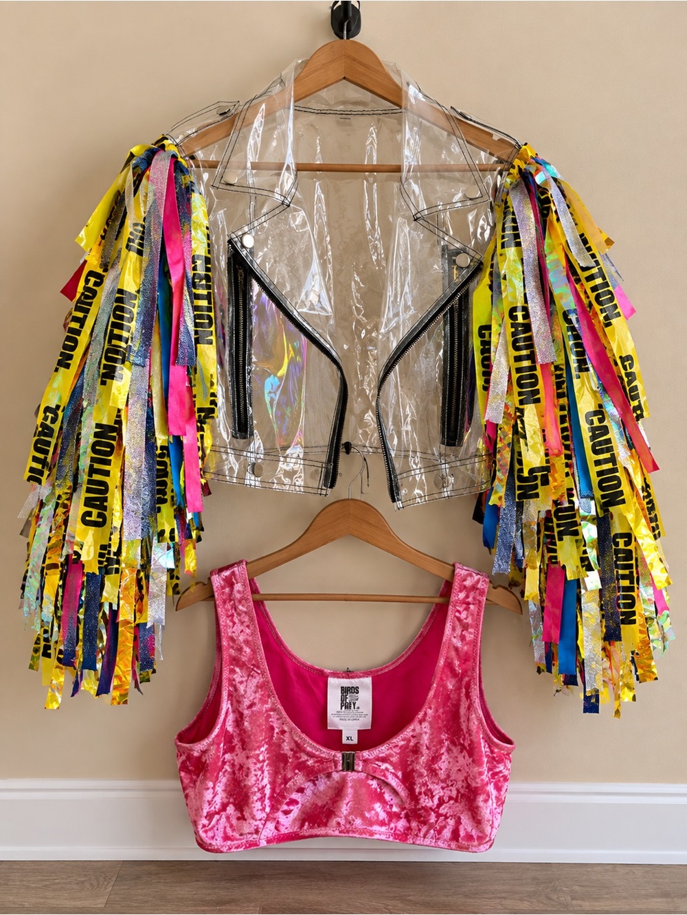 Harley Quinn Birds of Prey Costume XL Caution Tape Jacket & Pink Crop Top